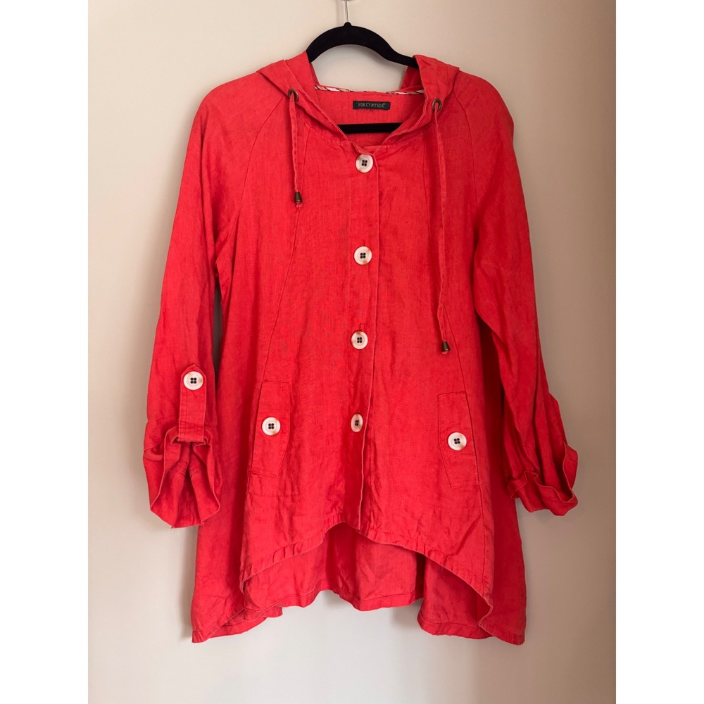For‎ Cynthia Red 100% Linen Hooded Button Front Jacket High Low Hem Womens SM/MD